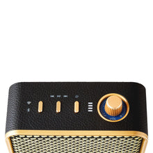 onn small Wi-Fi speaker control panel, black top with gold volume dial and buttons