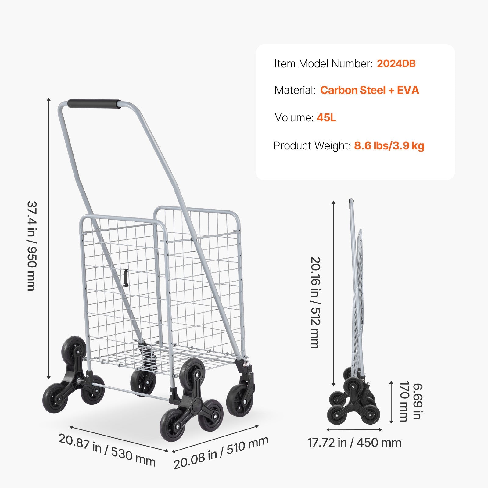 KFFKFF 45L Stair Climbing Grocery Cart with 360° Swivel Wheels, Foldable and Lightweight Utility Cart for Laundry, Travel, and Shopping, Silver