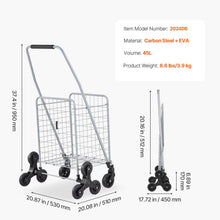 Stair-climbing utility cart with wire basket, side view with height and width
