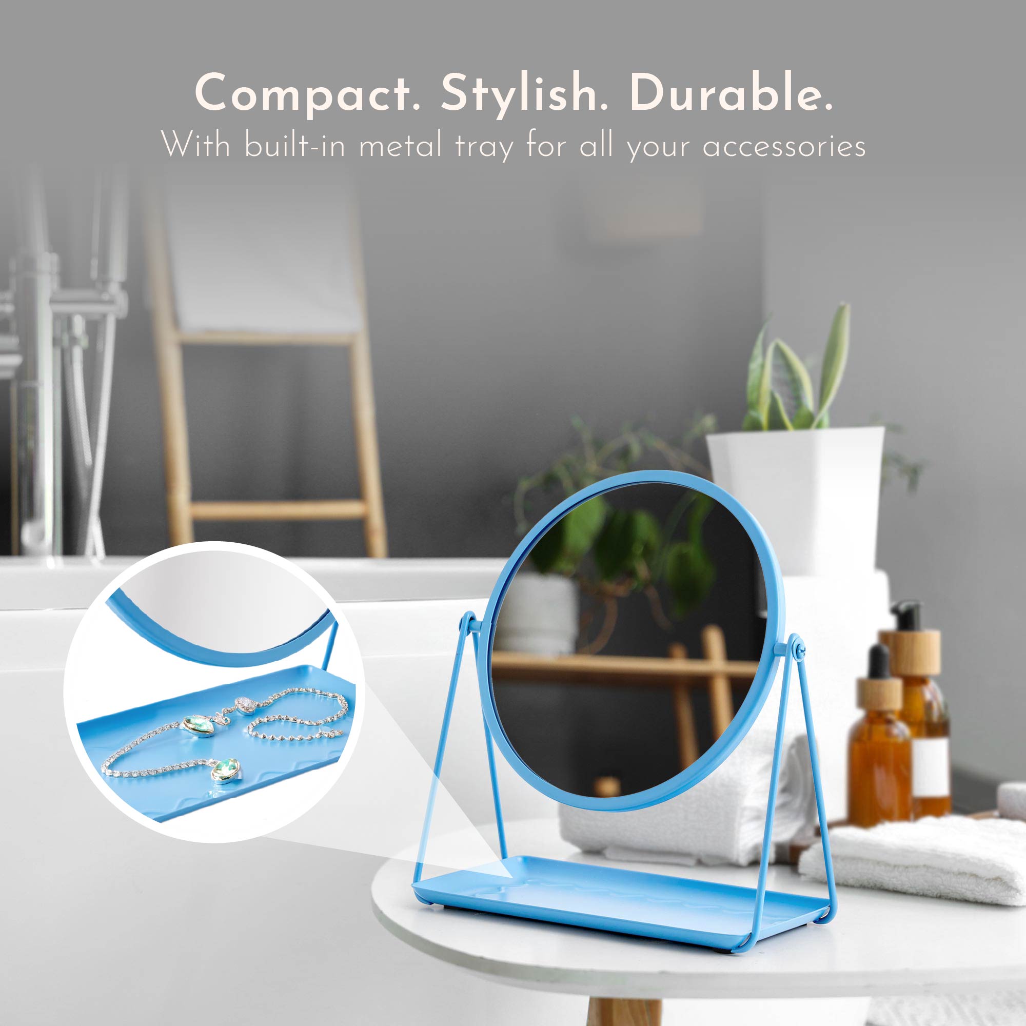 Mainstays by Becky G. & Alejandra 9.65" Round Tabletop Mirror with Metal Tray, Blue