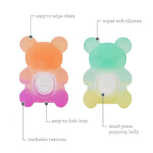 Silicone baby bear teethers in orange and mint, textured belly pop design