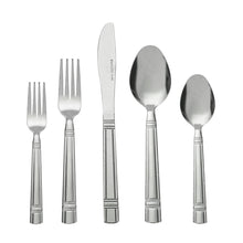Stainless steel flatware set with assorted forks, knives, and spoons, polished silver