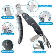Dog toenail clipper with safety stop guard, paw-print handle, and comb and file