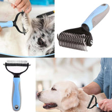 Blue-handled grooming brush with metal pins for dog and cat fur grooming