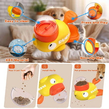 Duck-shaped dog treat dispenser toy with transparent top and orange handle