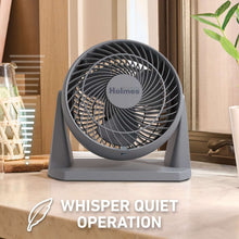 Gray 3-speed air circulator fan with front grille, circular blades, and base stand.