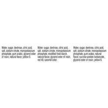 Nutrition ingredient text panel listing water, sugar, acids, sodium, and flavors