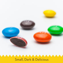 Assorted candy-coated chocolates on a white background, dark pieces visible