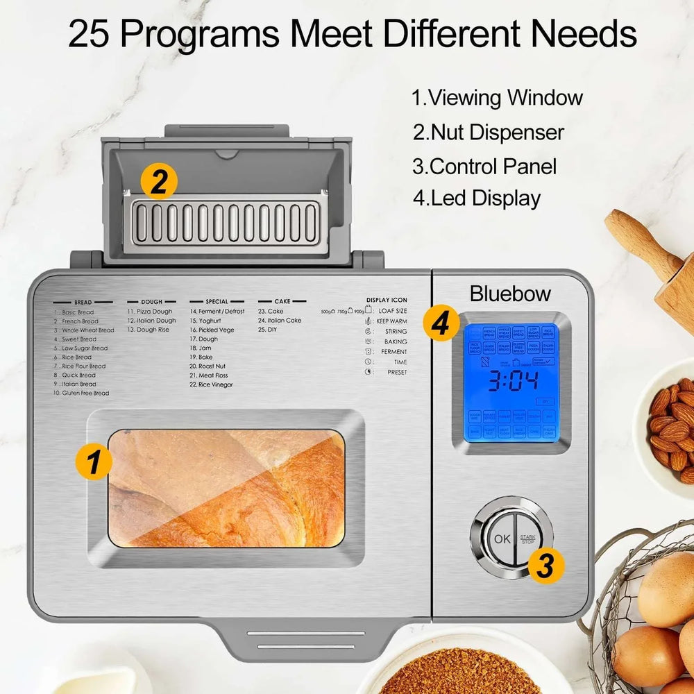 Bluebow 25-in-1 Bread Maker, 2LB Bread Machine with Auto Fruit/Nut Dispenser, Gluten-Free Setting, Keep Warm&13H Delay Timer, Stainless Steel - USA MEGA SHOP