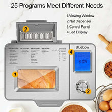 Bread maker with viewing window, nut dispenser, control panel, and blue display
