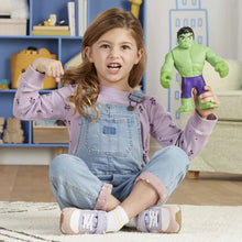 Hulk-style green superhero action figure held by child, purple shorts visible