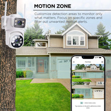 White outdoor security camera with two lens modules and a phone showing motion zones