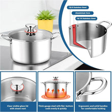 Stainless steel stock pot with glass lid, steam vent knob, and side handles