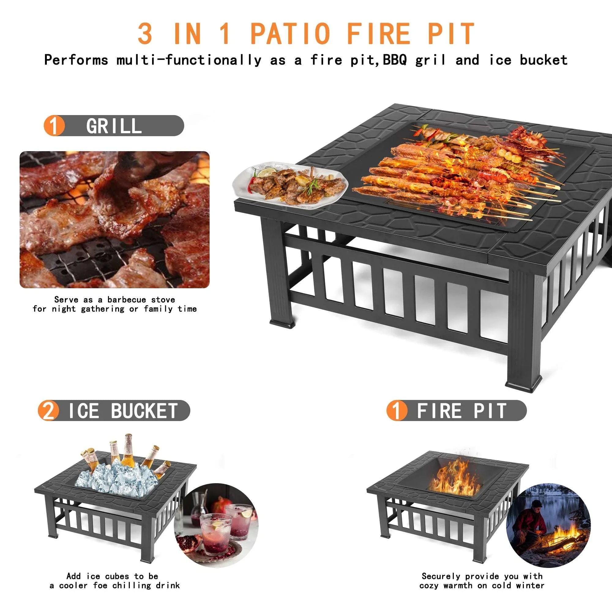 Fire Pits for Outside, 32" Wood Burning Fire Pit Tables with Screen Lid, Poker, BBQ Net, Ice Tray, Food Clip and Cover, Backyard Patio Garden Outdoor Fire Pit/Ice Pit/BBQ Fire Pit, Black - USA MEGA SHOP