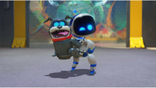Robot character with jetpack and grinning robot companion standing indoors