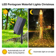 Solar panel and warm white LED waterfall tree lights with top star for outdoors