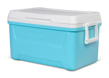 Hard-sided ice chest cooler, aqua blue body with white lid and side carry handle