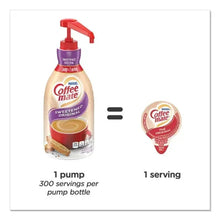 Coffee creamer pump bottle with serving icons, beige bottle and red pump dispenser