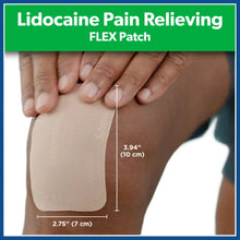 Lidocaine pain relief flex patch on skin, 7 cm by 10 cm, thin adhesive