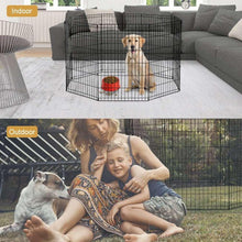 Black wire dog playpen enclosure with small door opening and four-panel walls