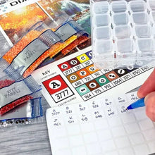 Diamond painting kit color key chart with numbered codes and bead tray labels