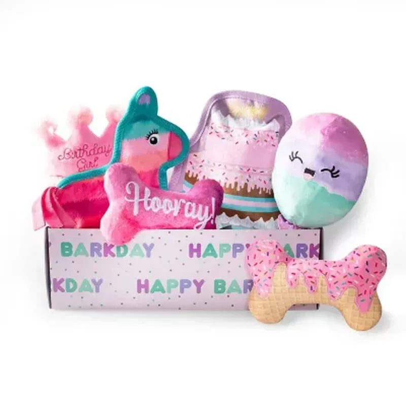Happy Barkday Birthday Girl Box Dog Toy Bundle, 6-Piece Set (Pink)
