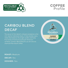 Caribou Blend decaf coffee profile panel, medium roast and recyclable K-Cup pods