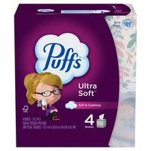 Puffs Ultra Soft facial tissues multipack, purple box with 4 boxes and character