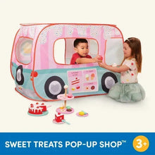 Pink and white fabric pop-up dessert shop tent with front window and toy accessories