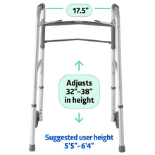 Adjustable folding walker with silver frame and height settings