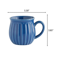 Blue stoneware mug with ridged sides and curved handle