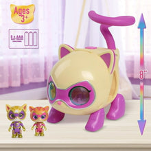 Yellow and purple cat copter toy with 2 standing kitten figures and large eye visor