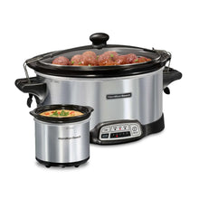 Stainless steel slow cooker with open crock and small food warmer with lid