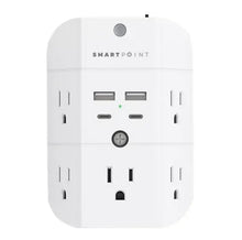 White power hub with 5 outlets, two USB ports, circular control button