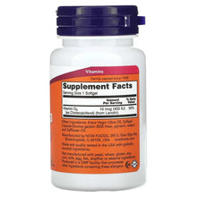 NOW Foods Vitamin D-3 supplement bottle with Supplement Facts label panel