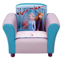 Kids upholstered chair with teal arms, light pink seat, and Frozen II artwork backrest