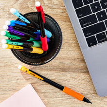 Colored 0.7mm mechanical pencils with black bases, on mesh pencil pouch