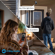 Outdoor home security camera on the front door with two-way audio on screen