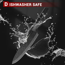 Kitchen knife with speckled black blade and dark handle, with water droplets