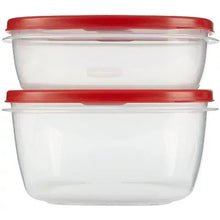 Two clear plastic food containers with red lids stacked together