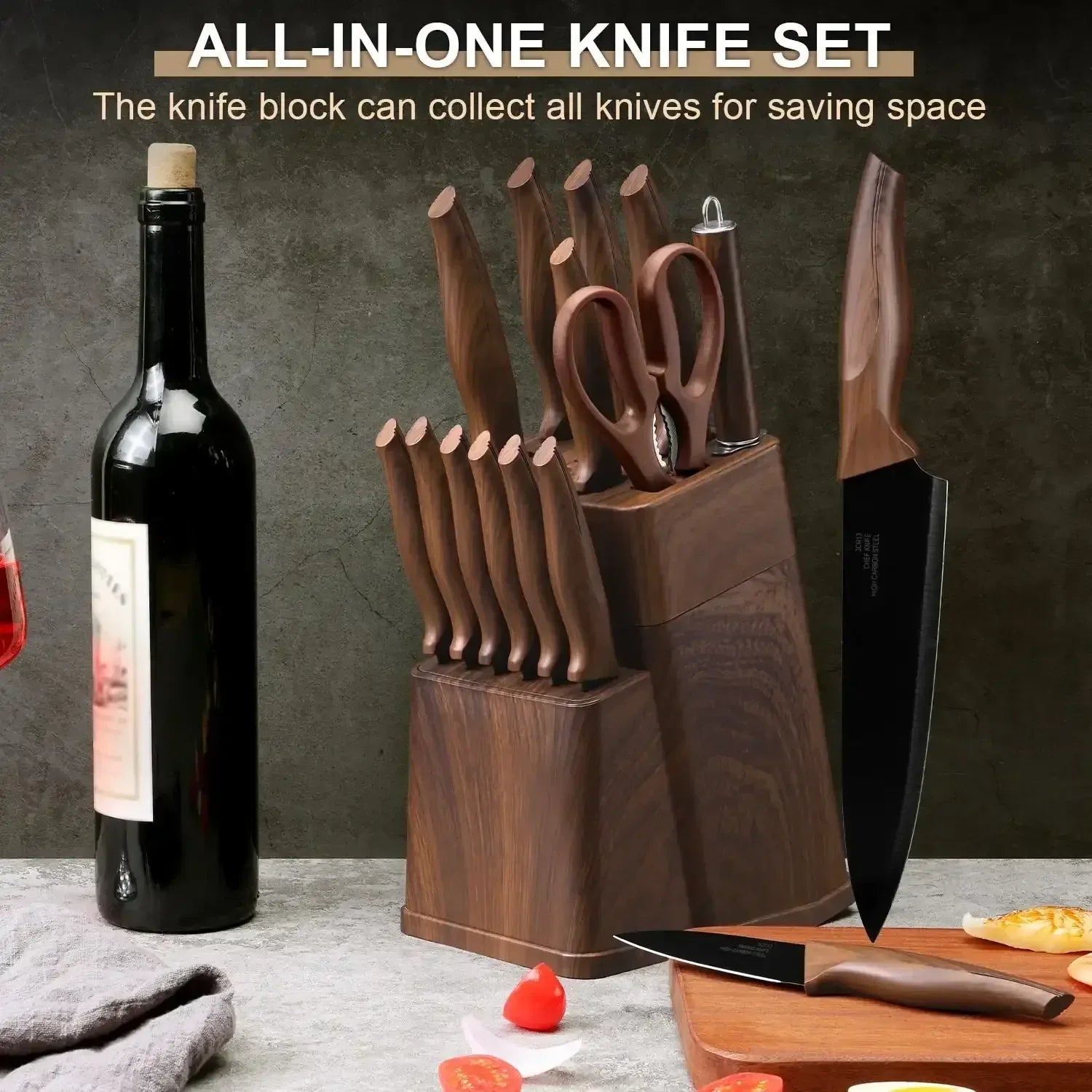 Walchoice 15 Pieces Knife Set with Block, High Carbon Stainless Steel Kitchen Knife Set with Sharpener, Rust Resistant & Dishwasher Safe - USA MEGA SHOP
