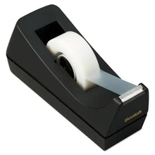 Desktop tape dispenser, black housing with exposed white tape roll and metal bar