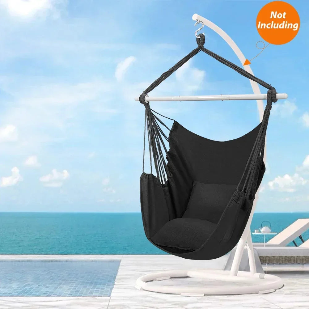 Large Hammock Chair Swing, Relax Hanging Rope Swing Chair with Detachable Metal Support Bar & Two Seat Cushions, Cotton Hammock Chair Swing Seat for Yard Bedroom Patio Porch Indoor Outdoor - USA MEGA SHOP