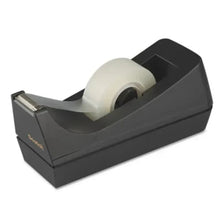 Desktop tape dispenser, angled view showing black base, white tape roll, metal bar