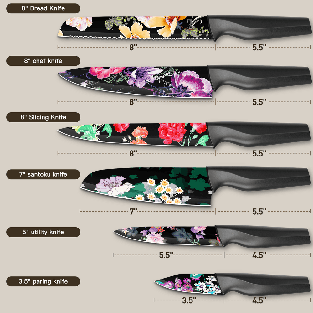 Astercook 6 Piece Color-Coded Kitchen Knife Set, Stainless Steel Chef Knives with 6 Anti-Rust Coating Blades and Blade Guards, Dishwasher Safe