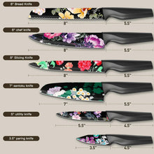 Assorted kitchen knives with floral blades and black handles with size labels