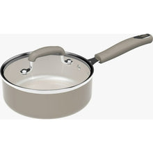 Taupe ceramic nonstick saucepan with glass lid and side handles