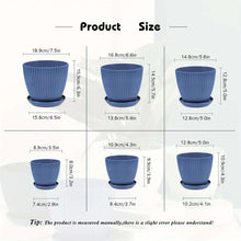 Dark blue ribbed plastic planter pot with size measurements shown.