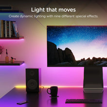 LED light strip along shelving with magenta and purple accent lighting