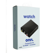 Composite AV to HDMI converter retail box with onn branding and device image